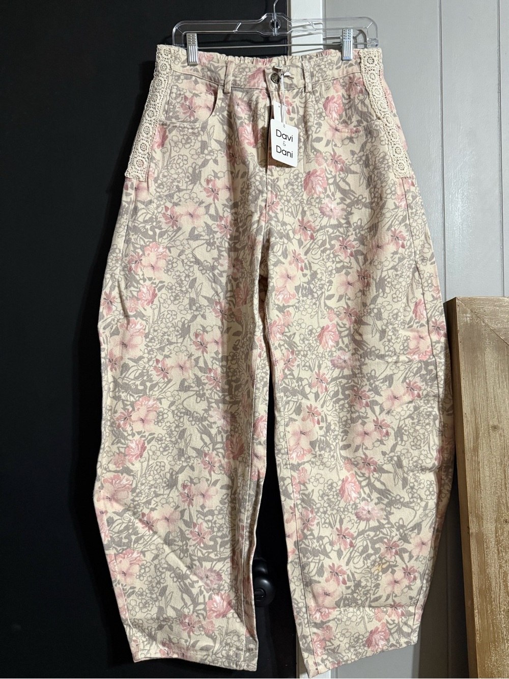 DAVI & DANI Cream Floral Pants with Pink Accents